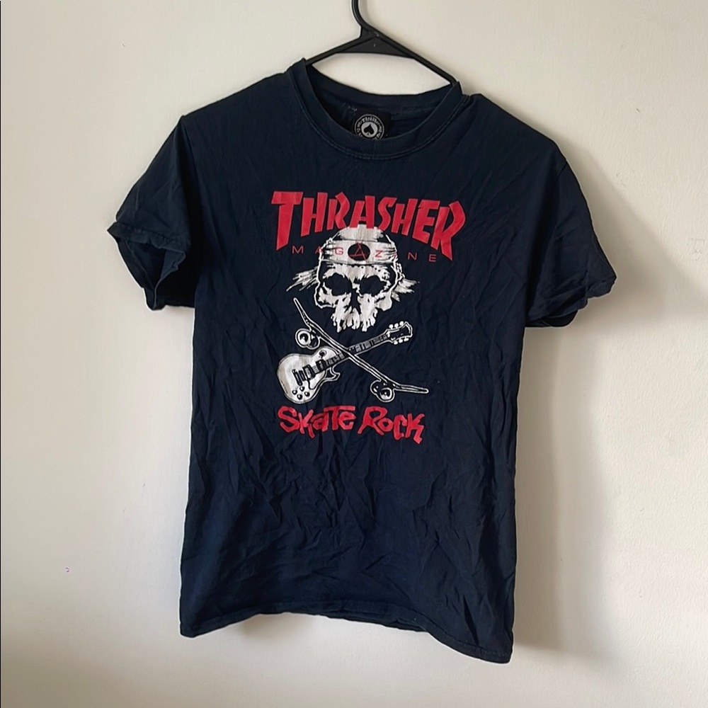 Thrasher Black Tee with Red and White Skull Design